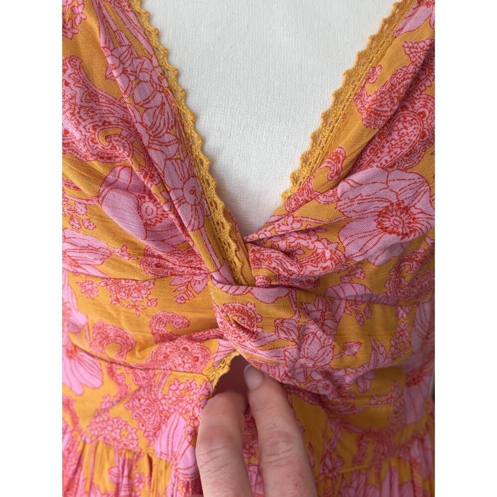 Angie Boho Floral Maxi Dress Pink/Yellow Twist Front Tiered Crochet L 8-12 - Picture 5 of 6